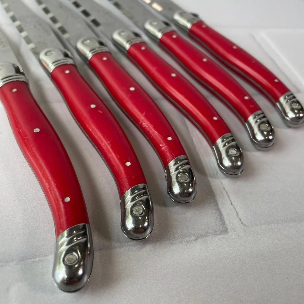 Laguiole Jean Dubost Steak Knife Set 6 Piece Red Handles French Stainless Steel
